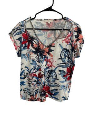 Juniper + Lime Floral V-Neck Rhinestone Short Sleeve Top Size L Boho Coquette